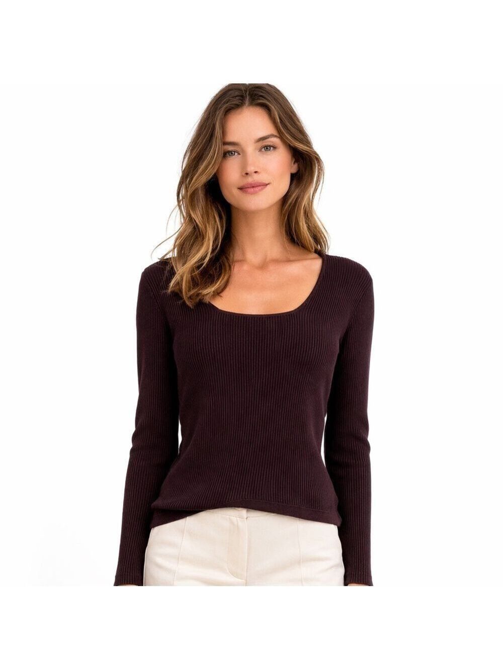 PICADILLY FASHION Deep Burgundy Rib Knit Long Sleeve Fitted Sweater US Sz XXL